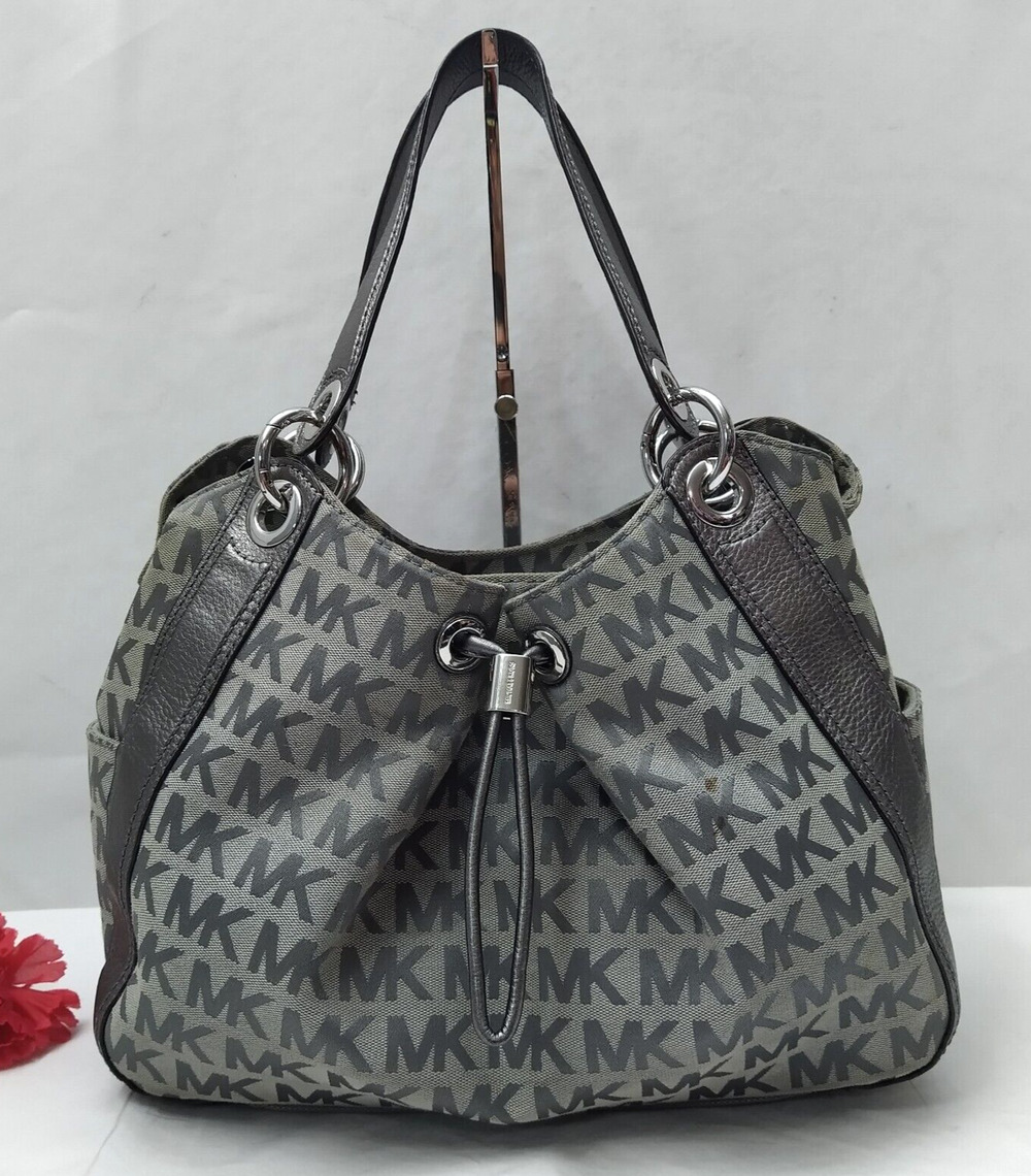 Michael Kors Gray Canvas Leather Trim MK Printed Drawstring Shoulder Bag